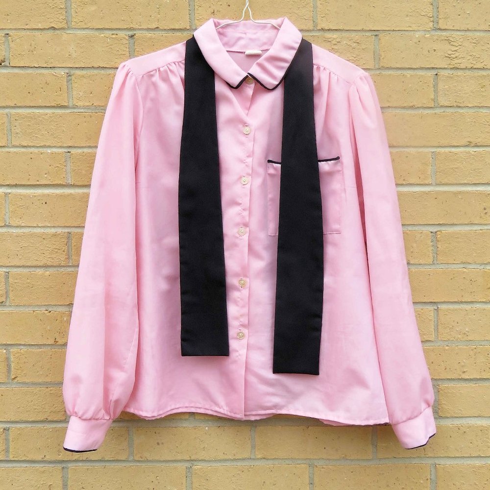 Pink with Black Trim & Scarf Tie Dressy Blouse 44" Bust - preowned